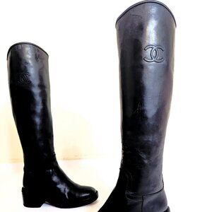 Chanel real Leather Knee High cc mark Logo Riding Boots Black 38 6 women tall us